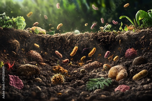 Detailed scientific illustration of microorganisms in action within soil, focusing on the decomposition of organic material.