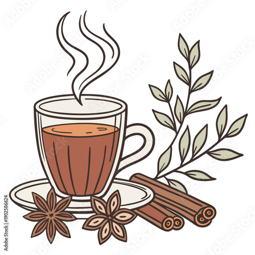 Steaming cup of traditional herbal tea with cinnamon sticks star anise and leaves