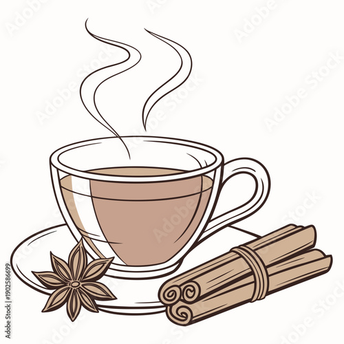 Steaming glass tea cup with cinnamon sticks and star anise