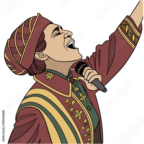 Man in traditional costume singing with microphone