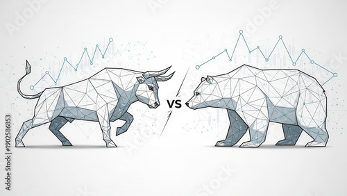 Polygonal bull and bear market conflict with financial graph trends in background