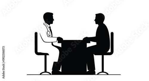 Two figures seated at a table facing each other in a stark silhouette style