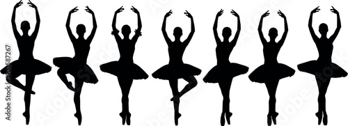 Black and white silhouette of graceful ballet dancers in tutus performing various poses, elegant dance vector illustration isolated on white background