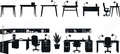 Modern Office Furniture Silhouette Set Featuring Desks Chairs Lamps Plants and Workstations Vector Illustration Collection