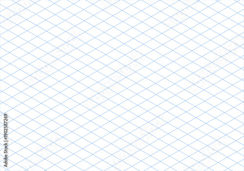 Isometric squared grid. Notebook sheet blank template. Blue isometric line guides. 3d perspective printable backdrop. Mathematic typography pattern for making notebooks production for education.