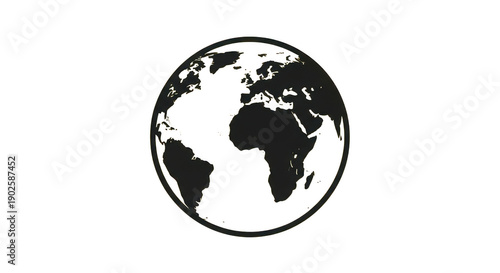 Black and white illustration of the earth with continents visible isolated on transparent background