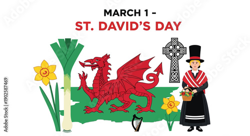 Woman in traditional Welsh costume celebrating St. David's Day with dragon and daffodils