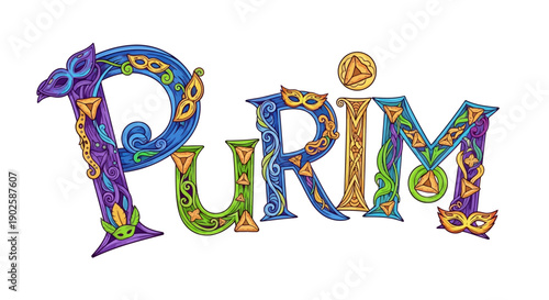 Vibrant Purim celebration with colorful ornate letters and masks