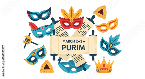 Vibrant Purim celebration elements with masks and scrolls