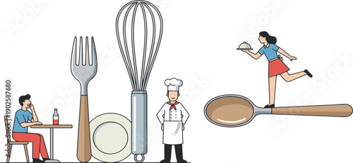 Restaurant and Cooking Concept Illustration with Chef Utensils and Waitress Serving Food