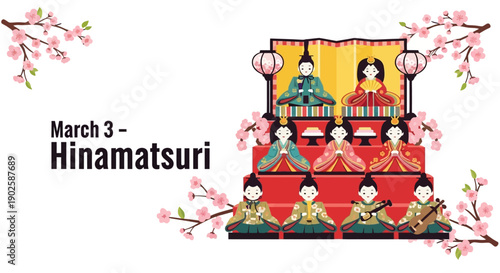 Vibrant Japanese dolls celebrate Hinamatsuri festival with cherry blossoms