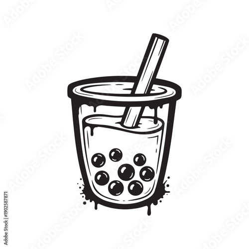 Black and white dripping bubble tea cup vector illustration with straw and tapioca pearls in bold ink style