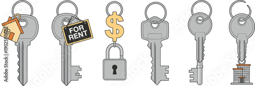 Real Estate House Keys Set with Rent Sign Dollar Symbol Padlock and Calendar Icon Isolated on White Background