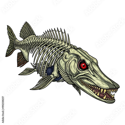 Pike skeleton fish with red eyes in vintage tattoo style illustration isolated on white background