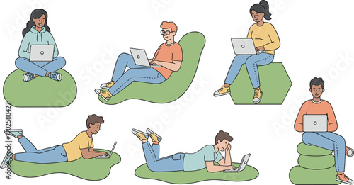 People Working on Laptops in Different Relaxed Positions Remote Work Lifestyle Illustration Set