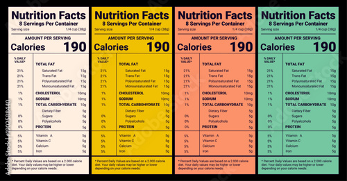 nutrition facts, supplement facts, vitamin facts, nutrition fact template, food label, supplement label, Nutrition Label Elements Fat Energy Sodium Sugar Protein Colorful, nutrition facts, nutrition