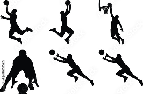 Basketball player silhouettes performing dunks and dribbles