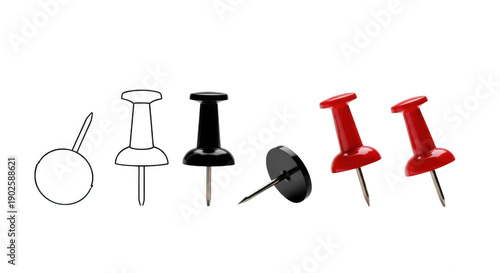 A set of colorful push pins in various styles and colors on transparent background