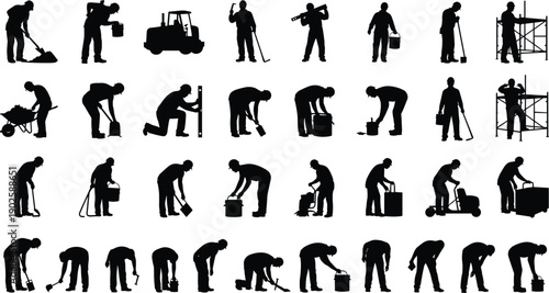 Construction worker silhouettes, manual labor, industrial tasks, black figures, site activity, tool usage, safety gear, white background, building effort, work poses