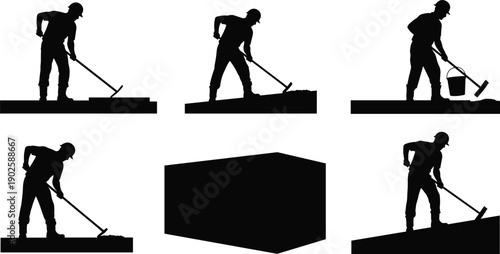 Construction worker silhouettes, paving tools, manual labor vector, surface work illustration, black icon set, industrial job site, roadwork activity shapes