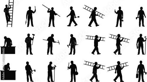Construction worker silhouettes, tool poses, black icon set, labor activity illustration, industrial job figures, toolbox, ladder, wrench, hammer, motion