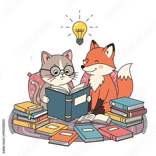 Cat and Fox Studying Together