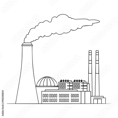 Industrial Power Plant Emitting Smoke Pollution - Line Art Vector Illustration