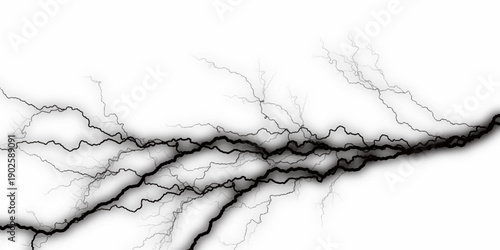 Massive lightning bolt with branches isolated on black and white background. Dark textured leather wall with vintage grunge pattern. Massive lightning bolt with branches isolated on white background.