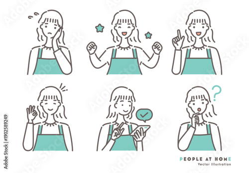 エプロン姿の女性のイラストセット 緑色のツートーン