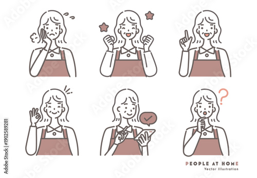 エプロン姿のシニア女性のイラストセット 茶色のツートーン