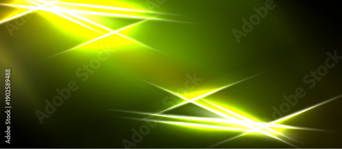 Bright yellow lines intersect dark green background. Abstract light streaks create dynamic visual effect. Modern design element.
