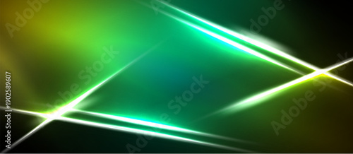Abstract vibrant lines intersect over green, yellow gradients. Bright illumination creates dynamic visual effect. Dark borders frame composition.