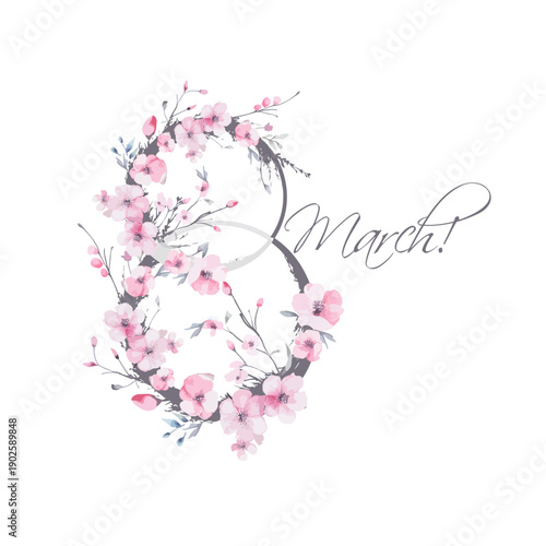 Postcard for March 8. Happy Women's Day. Beautiful cherry blossom flower vector illustration. Hand drawn. Not AI,