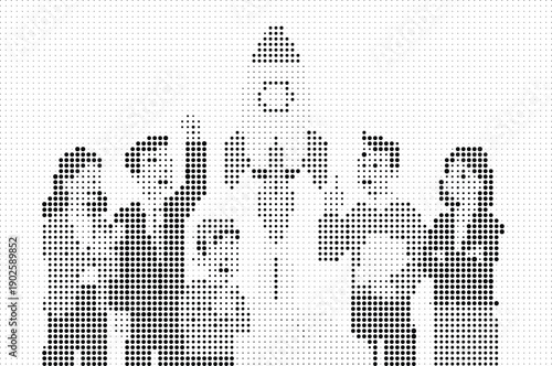 Halftone dot people holding signs illustration, Crowd protest figures dot pattern design