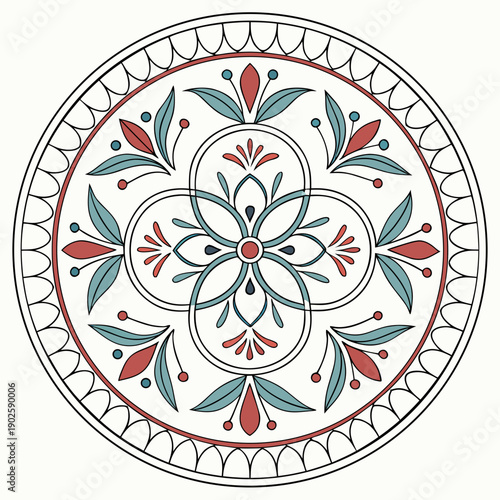 Decorative circular plate with floral geometry in red and blue
