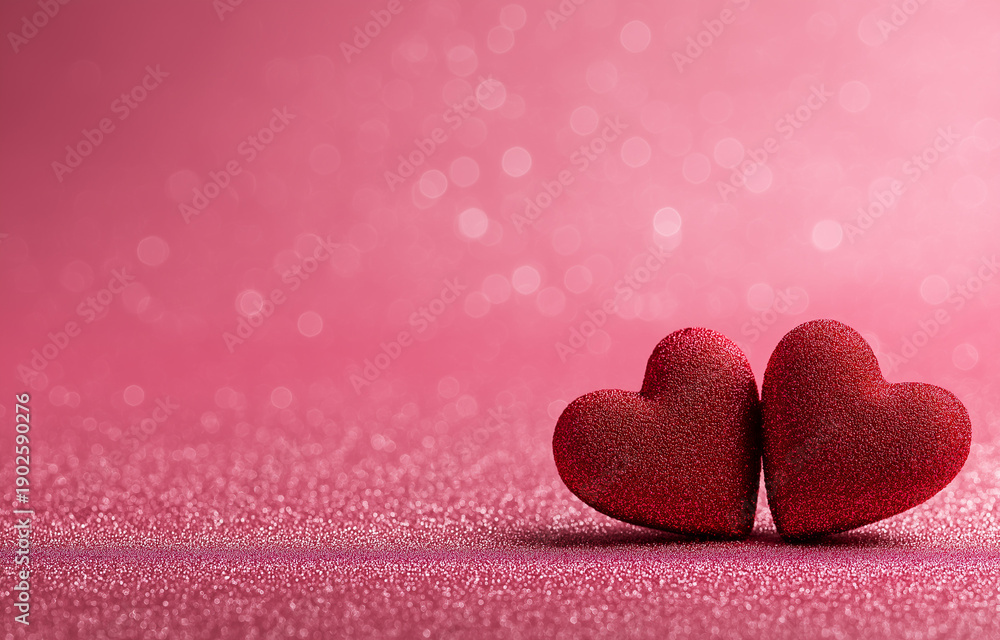 Fototapeta premium two red hearts on a pink glittery background with copy space for a valentine's day celebration, a love concept.