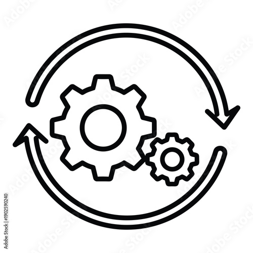 Circular gear icons with continuous arrows symbolizing process flow and mechanical recycling or continuous improvement system design