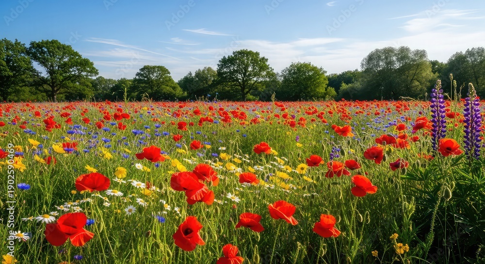 Fototapeta premium Serene landscape of vibrant wildflowers in full bloom under clear blue sky