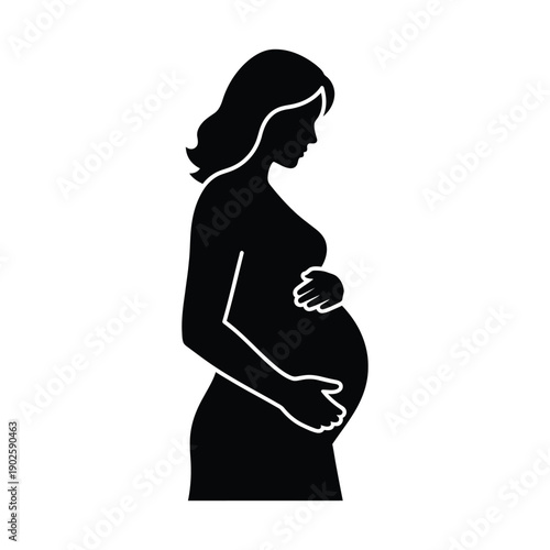 Silhouette profile shows a pregnant woman tenderly holding her large expectant belly with both hands.
