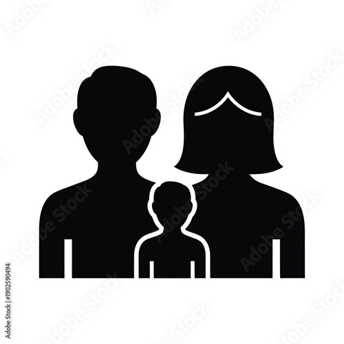 Solid black silhouette depicts a nuclear family unit composed of a man, a woman, and a small child positioned centrally.