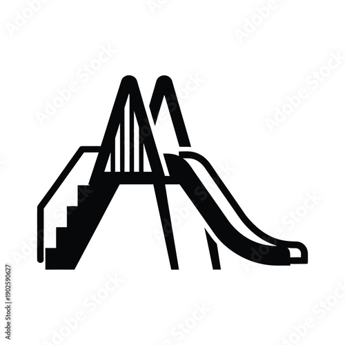 Solid black silhouette icon depicts a playground slide structure complete with stairs and a curved chute for outdoor recreation and children's activity areas.
