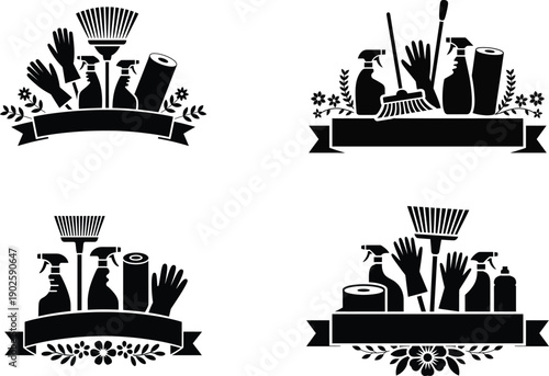 Four black and white vector designs featuring cleaning supplies, gloves, and brooms with decorative banners.