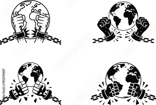 Illustrations depicting fists breaking chains around a stylized globe, symbolizing freedom and overcoming oppression.
