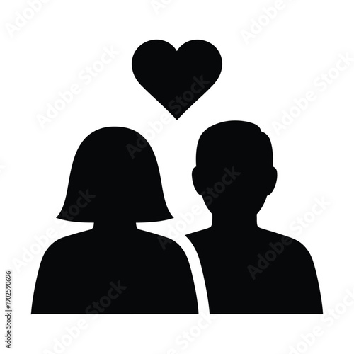 A black silhouette of a man and a woman standing close together beneath a floating heart shape indicating romantic affection or a couple.