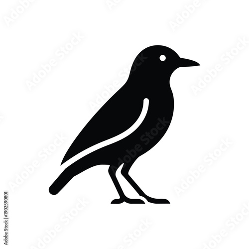 A small songbird stands alert on its feet, depicted as a solid black silhouette profile against white.