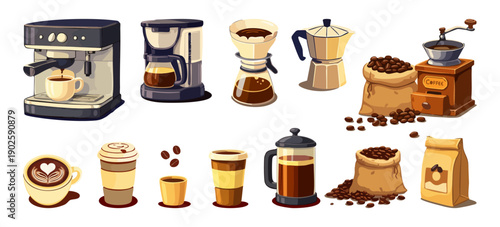 Vector set of coffee equipment and drinks isolated on white. Espresso machine, grinder, French press, cups and coffee beans in colorful flat style for cafe branding, menus, packaging and design.