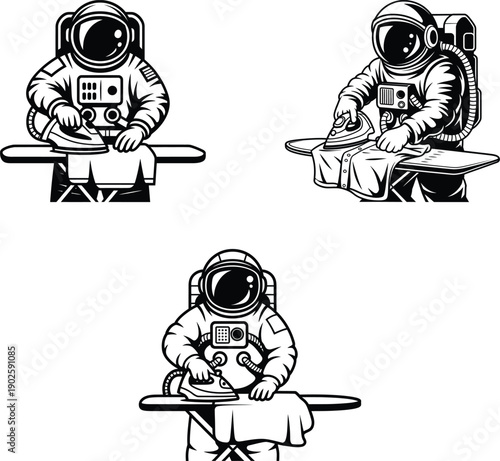 Humorous black and white illustrations of an astronaut ironing clothes on a space station.