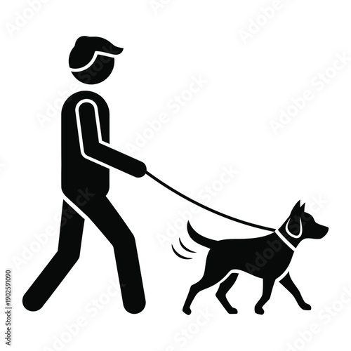 A black pictogram shows a stick figure person walking a dog on a leash, representing pet ownership and outdoor activity.