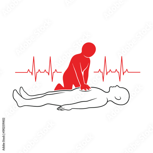 CPR First Aid Vector Illustration Of Rescuer Performing Chest Compressions With Heartbeat Line