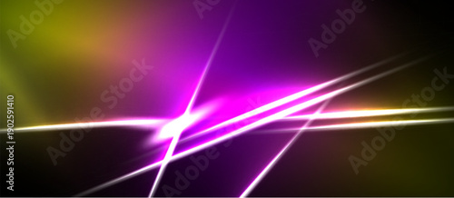 Abstract vibrant lines intersect, creating bright energy. Purple, yellow hues dominate dark background. Dynamic visual effect.